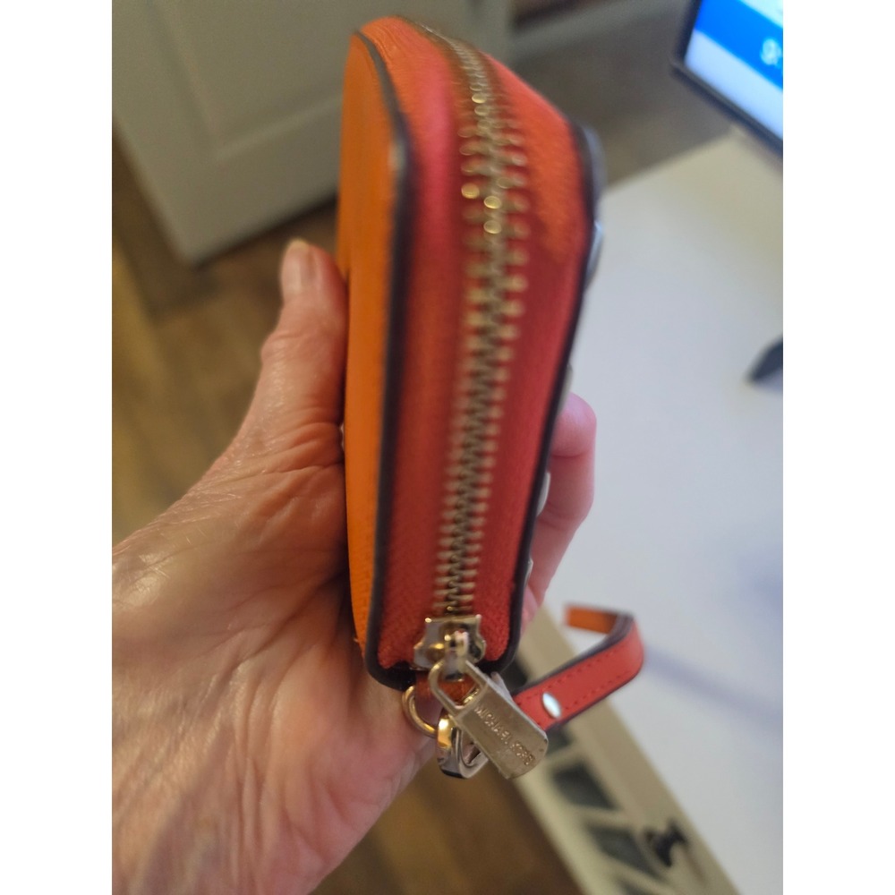 RARE Michael Kors Orange Saffiano Leather Studded Zip Around Wristlet Wallet - Picture 7 of 8
